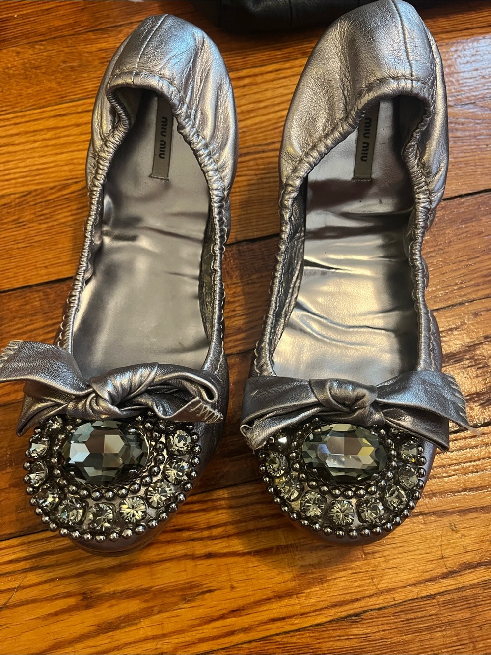 Miu Miu Metallic Silver Jeweled Bow Ballet Flats